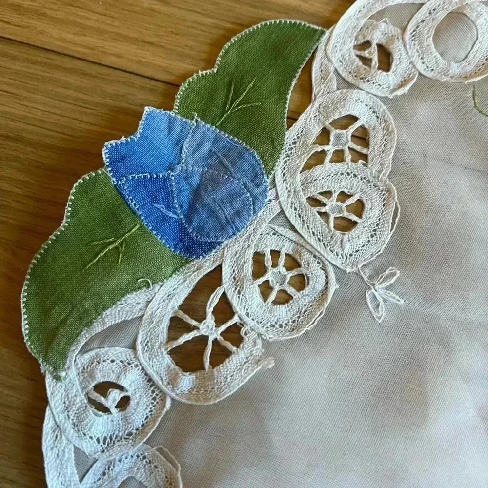 Hand-Embroidered Round Doily with Blue Flowers & Lace Trim - 11”